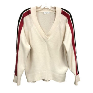 Sandro Paris Briona cream sport stripe varsity wool poly blend vneck pullover